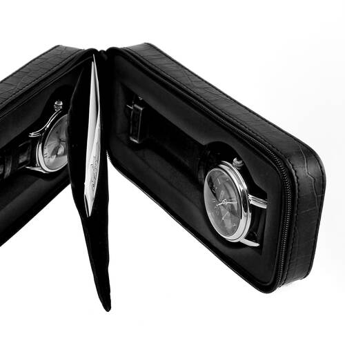 Uhrenbox Uhrenetui Reiseetui Uhr Doppelbox CROCO-Prgung schwarz Kunstleder