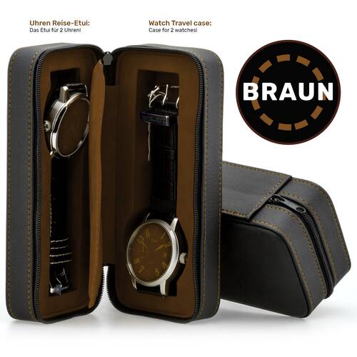 Uhrenbox Uhrenetui Reiseetui Uhr - Braun - 2 Uhren Uhrbox Etui - VELVET Stil