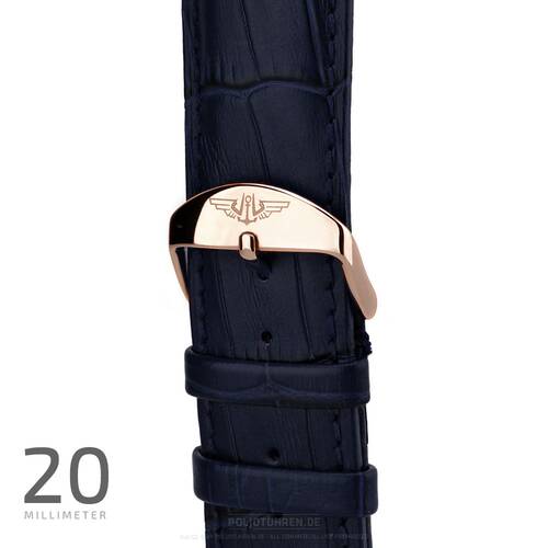 Bracelet Montre or Rose 20mm Poli Fermoir, Bleu Sombre Cuir Croco or Rouge