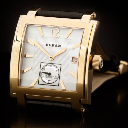 BURAN Square Poljot Handaufzug 2614.02/1066511 Russische Uhr gold Lederband