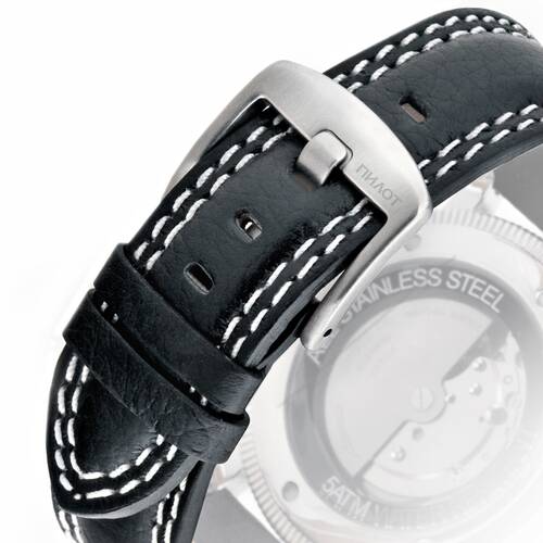 Uhrarmband Leder schwarz Fliegeruhr 20 oder 24 mm Doppelnaht weiss Schliee matt