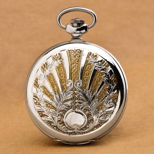 Russian mechanical pocket watch MOLNIJA 3602 blued hands embossed Sun motif