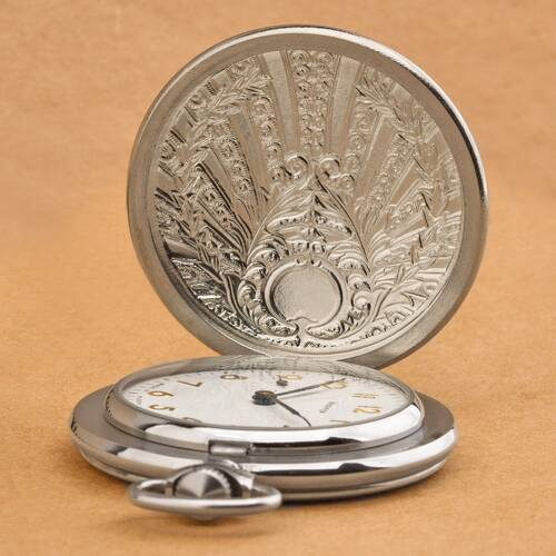 Russian mechanical pocket watch MOLNIJA 3602 blued hands embossed Sun motif