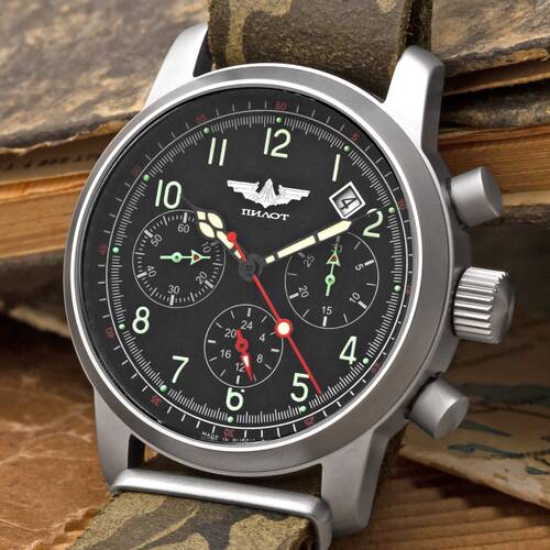 Mens Watch Pilot Chronograph Poljot 31681 Sapphire Glass Russian Analog Watch