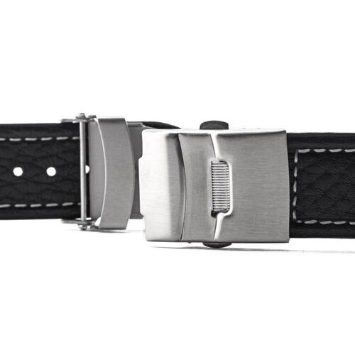 POLJOT LEDERBAND Armband 22mm schwarz Seitendrücker Faltschließe Uhrarmband