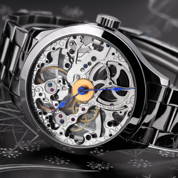 Skeleton Uhr UNISEX mechanisch Kaliber 3602 MOLNIJA handverziert silber