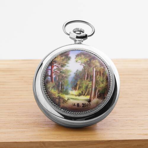 Pocket Watch Molnija 3602 Handpainted Unique Forest Russian Analog Watch