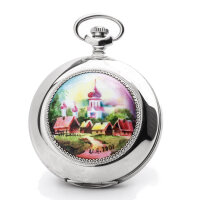 Pocket Watch Village Motif Handpainted Each A Unique Russian Watch Molnija 3602