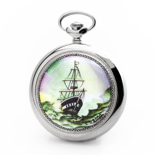 Montre de Poche Molnija 3602 Peint  la Main Pice Unique Bateau Russe Mcanique