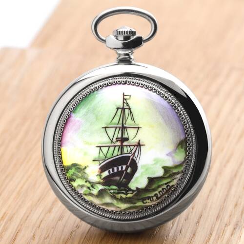 Pocket Watch Molnija 3602 Handpainted Unique Ship Russian Analog Watch