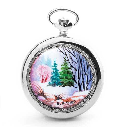 Taschenuhr MOLNIJA 3602 handbemalt Unikat Wald russische mechanische Uhr