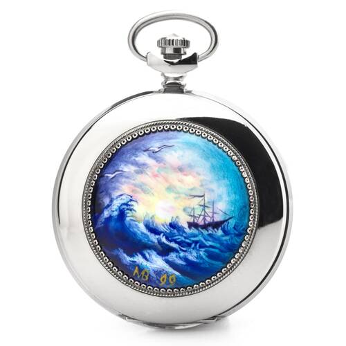 Pocket Watch Molnija 3602 Handpainted Unique Ship Specimen Russian Mechanical