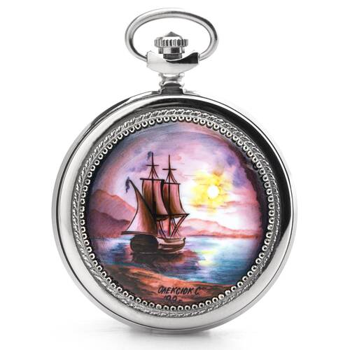 Pocket Watch Molnija 3602 Handpainted Unique Ship Specimen Russian Mechanical