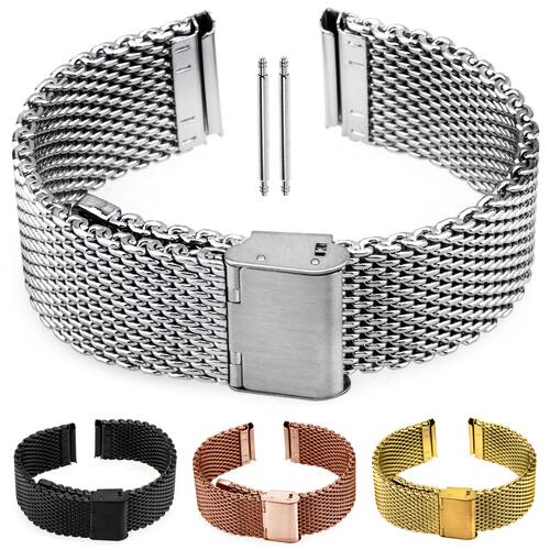 Milanaise Montre Bracelet Mesh Boucle Acier Inox Fil  3mm Argent or Noir Rose 18mm Or brillant poli