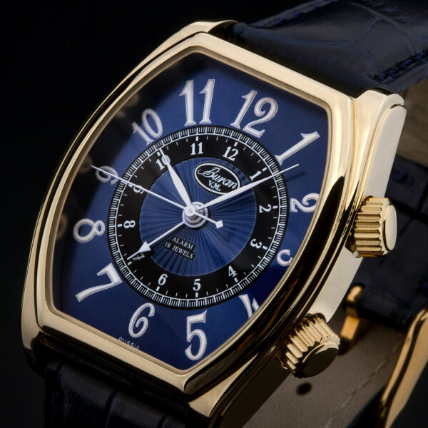 BURAN V.M. Wecker 2612 Tonneau Alarm russiche machanische Armbanduhr finissiert