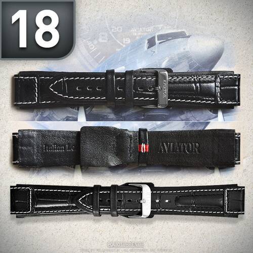 Bracelet en Cuir Aviator Montre Aviateur Poli 18mm Couture Noir/Blanc