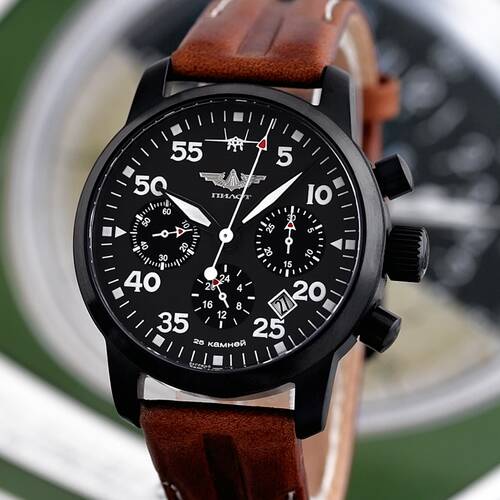 Pilot Berkut Chronograph Poljot 31681 Russian Analog Watch Sapphire Glass Black