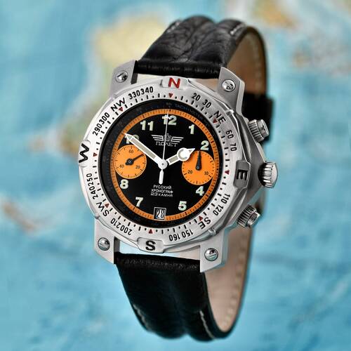 Poljot 3133 Flieger Chronograph Russ Analog Aviator Watch+Glass Bottom