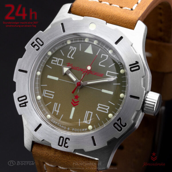 VOSTOK Komandirskie Automatik 2431/350645 Military Uhr aus Russland 24 Stunden