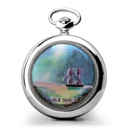 Pocket Watch Mechanical Marine Sailing Handpainted Porcelain Molnija 3602 Unique